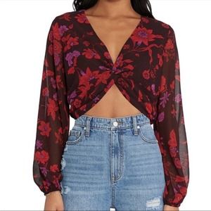 NWT Sanctuary Floral Chiffon Twist Front Crop Top Balloon Sleeves Size Large